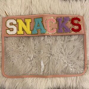 SNACKS Varsity Letter Clear Travel Bag -‎ 16"x12" Pink Trim Pouch